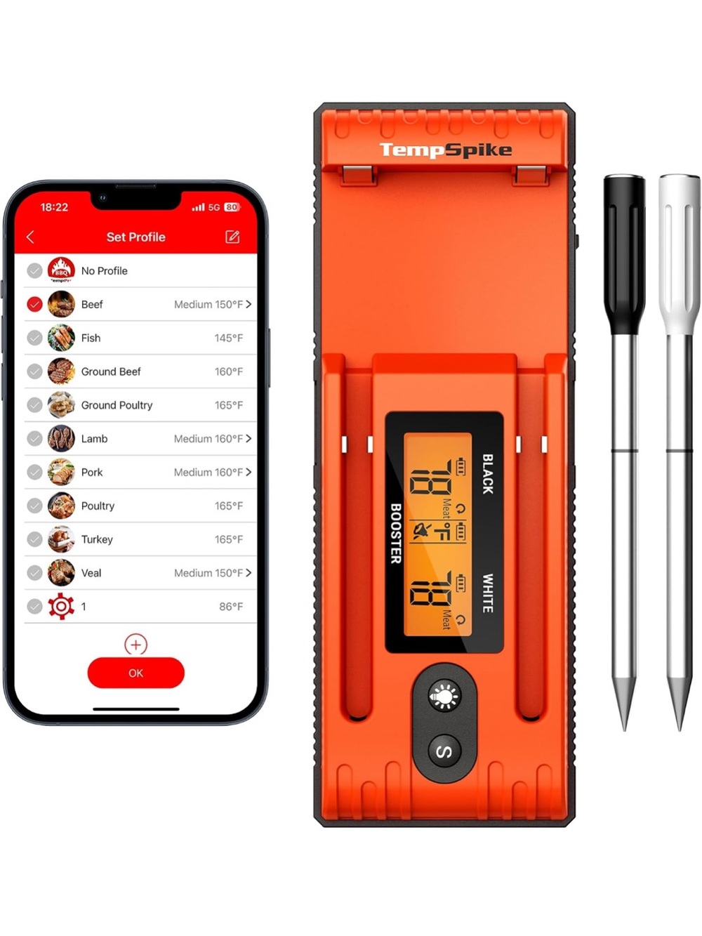 Wireless Meat Thermometer - Orange Dual Probe Bluetooth Grill Thermometer